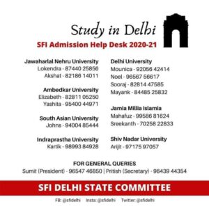 SFI Delhi Helpline for students Assistance for Admission to Universities